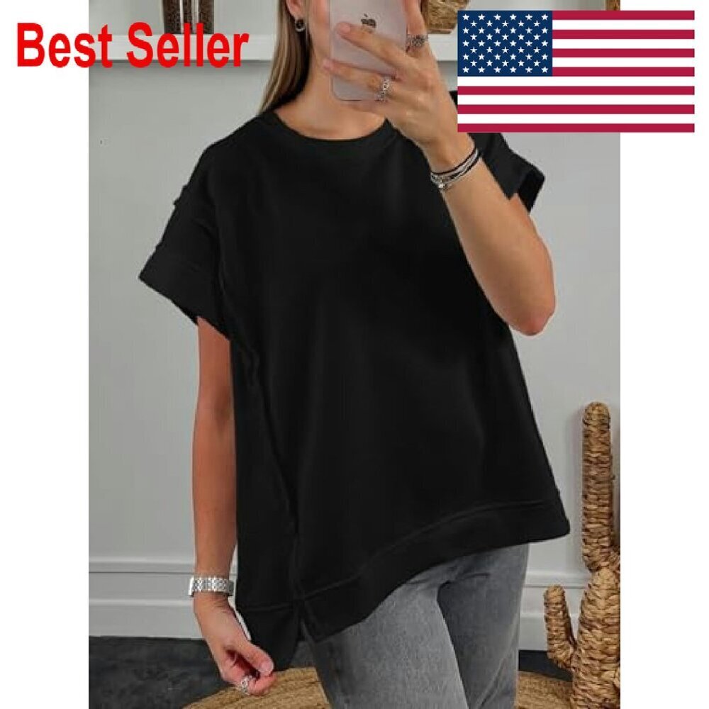 Oversized Cap Sleeve T-Shirt Side Slit Loose Fit Summer Casual Tunic Top - Picture 3 of 7
